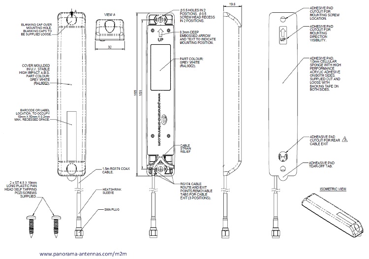 Schematischer Aufbau der Antenne LPW-BC3G-26-2SP  mit Kabel und Stecker